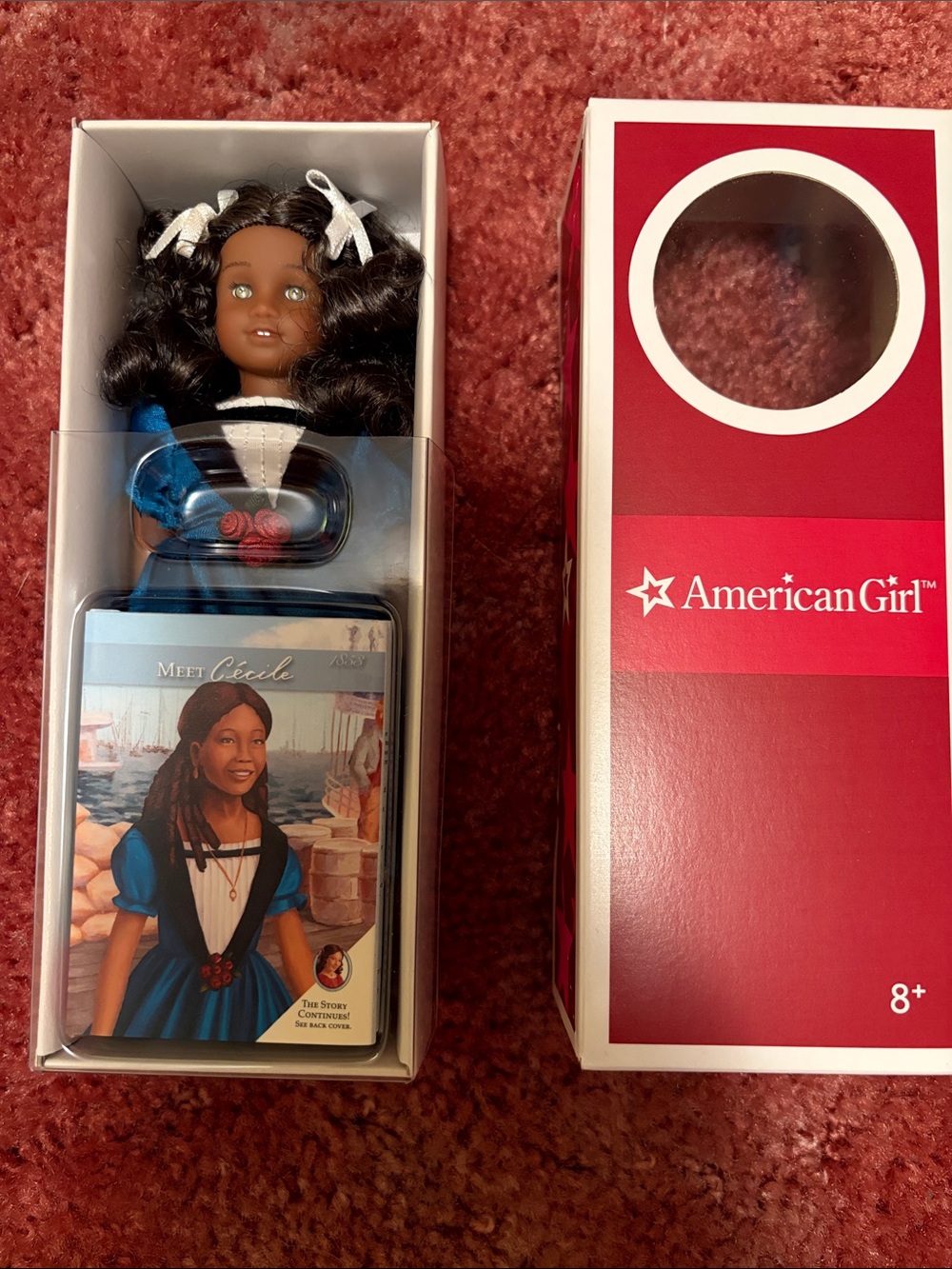 American Girl Cecile Rey Mini Doll with Blue Dress and White Hair Bows